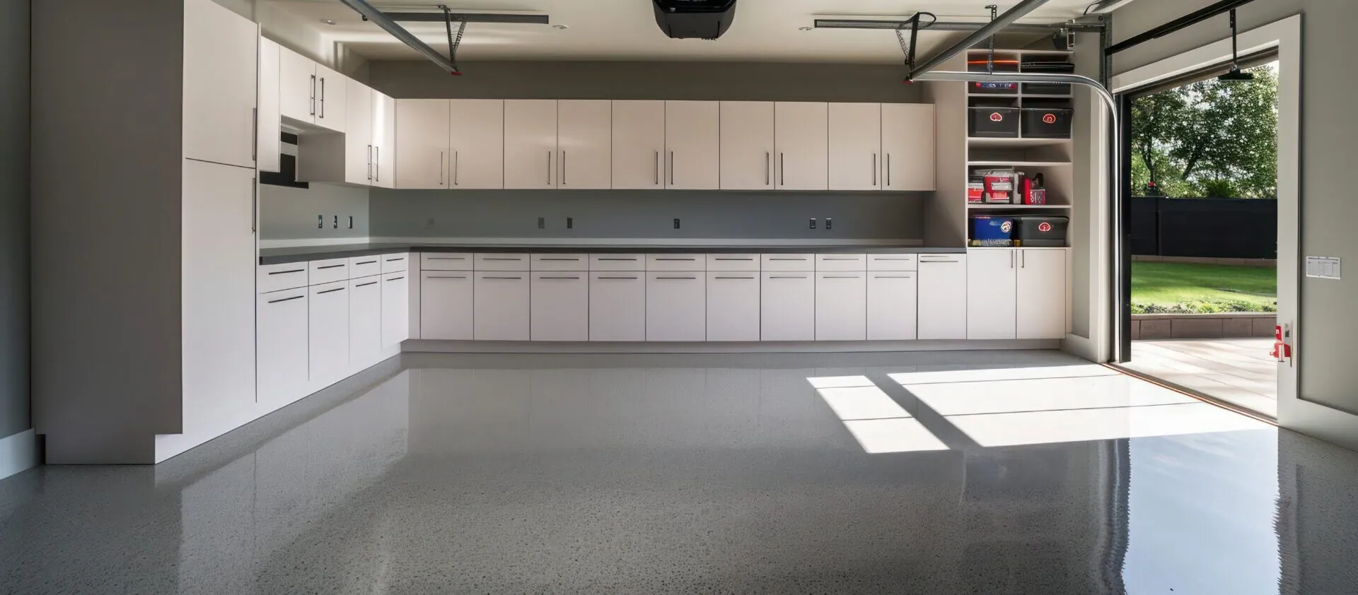 A modern garage interior with white custom-fitted storage cabinets and a polished concrete floor, with an open garage door leading to a garden.
